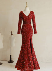 Wine Red Sequins Mermaid Long Sleeves Party Dress, Wine Red Long Wedding Party Dress