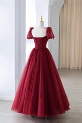 Wine Red Short Sleeves Beaded Long Prom Dress, Wine Red Sweetheart Party Dress