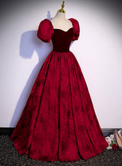 Wine Red Sweetheart Short Sleeves Long Party Dress, Wine Red Evening Dress Prom Dress