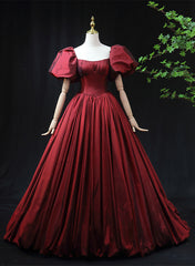 Wine Red Taffeta Short Sleeves Long Prom Dress, Wine Red Evening Dress Formal Dress