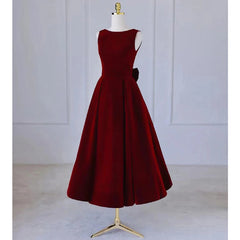 Wine Red Tea Length Velvet Party Dress with Bow, Burgundy Wedding Party Dresses