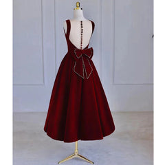 Wine Red Tea Length Velvet Party Dress with Bow, Burgundy Wedding Party Dresses