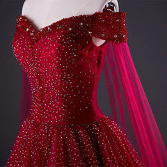 Wine Red Tulle Beaded Tulle Sparkle Long Prom Dress, Dark Red Sweet 16 Gown