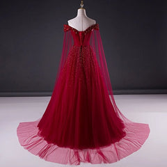 Wine Red Tulle Beaded Tulle Sparkle Long Prom Dress, Dark Red Sweet 16 Gown