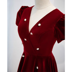 Wine Red V-neckline Velvet Prom Dress Party Dress, A-line Wedding Party Dress