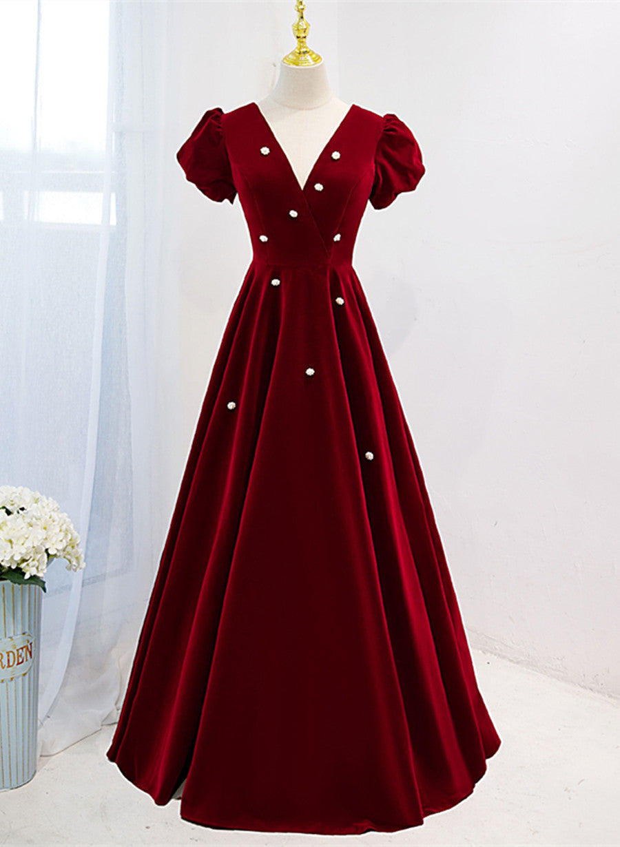 Wine Red V-neckline Velvet Prom Dress Party Dress, A-line Wedding Party Dress