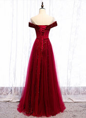 Wine Red Velvet and Tulle Long Prom Dress, A-line Wine Red Floor Length Prom Dress