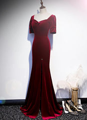 Wine Red Velvet Mermaid Long Evening Party Dresses, Dark Red Velvet Formal Dresses