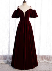 Wine Red Velvet Off Shoulder Floor Length Party Dress, Velvet Junior Prom Dress