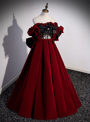 Wine Red Velvet Off Shoulder Party Dress, A-line Floor Length Prom Dress