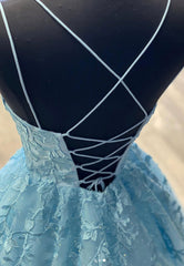 Blue Lace Long Prom Dresses, A-Line Formal Evening Dresses