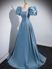 Blue Puff Sleeve Satin Floor Length Prom Dress, Blue A-Line Evening Party Dress