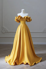 Yellow Satin Long Prom Dress, Simple Off Shoulder Evening Party Dress