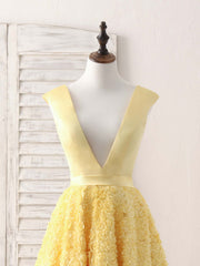 Yellow V Neck 3D Lace Tea Long Prom Dress, Yellow Evening Dress