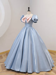 Blue Satin Floor Length Prom Dress with Bow, Blue A-Line Evening Formal Dress