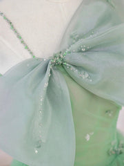 Green Tulle Short Prom Dress, A-Line Evening Dress with Bow