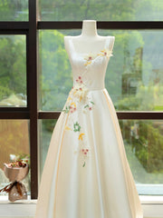 Elegant Satin Floor Length Formal Dress with 3D Flowers, Light Champagne A-Line Evening Party Dress